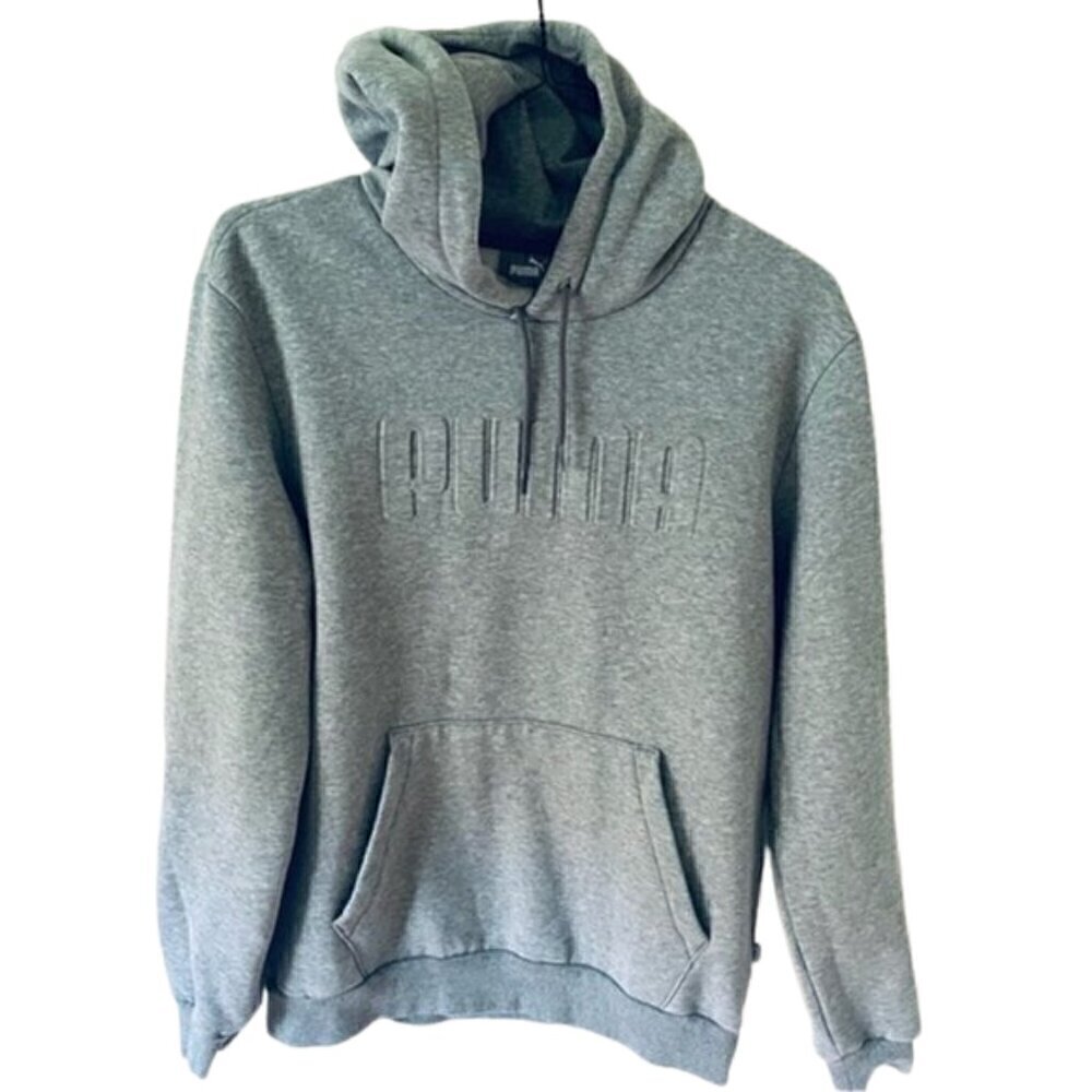 🏃‍♂️🩶Puma Men’s Gray Hoodie Size M – Spellout Logo, Pullover, Athletic Fit